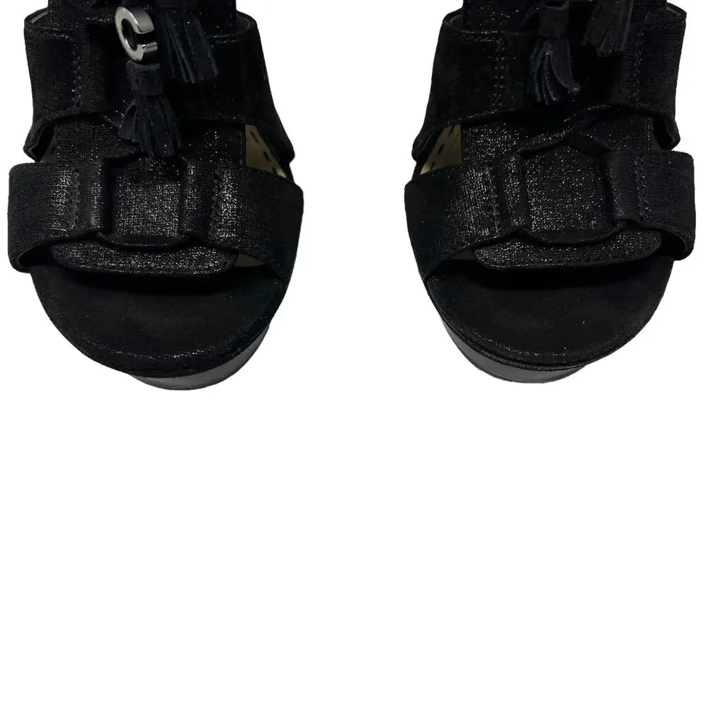 Coach Teagan Shimmer Leather Heeled Sandal Black Lace Up Size 10